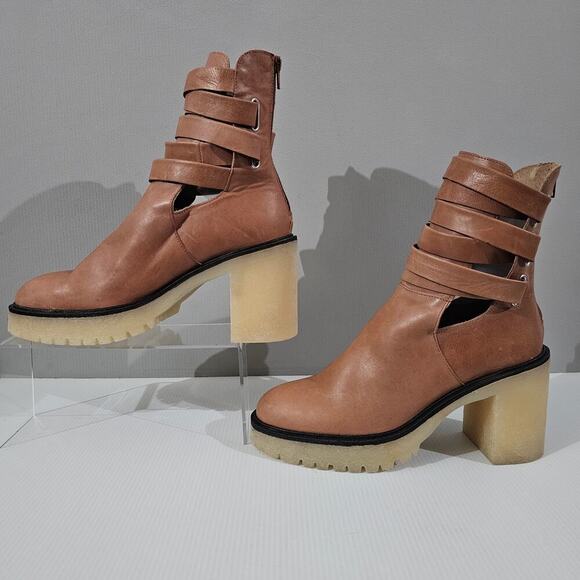 Free People Jesse Ankle Boot Womens EU 41 Tan Leather Cutout Chunky Platform - Picture 2 of 16